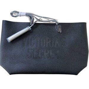 Victorias Secret Black Textured Laser Cut Perforated Logo Tote Bag Silver Tassel